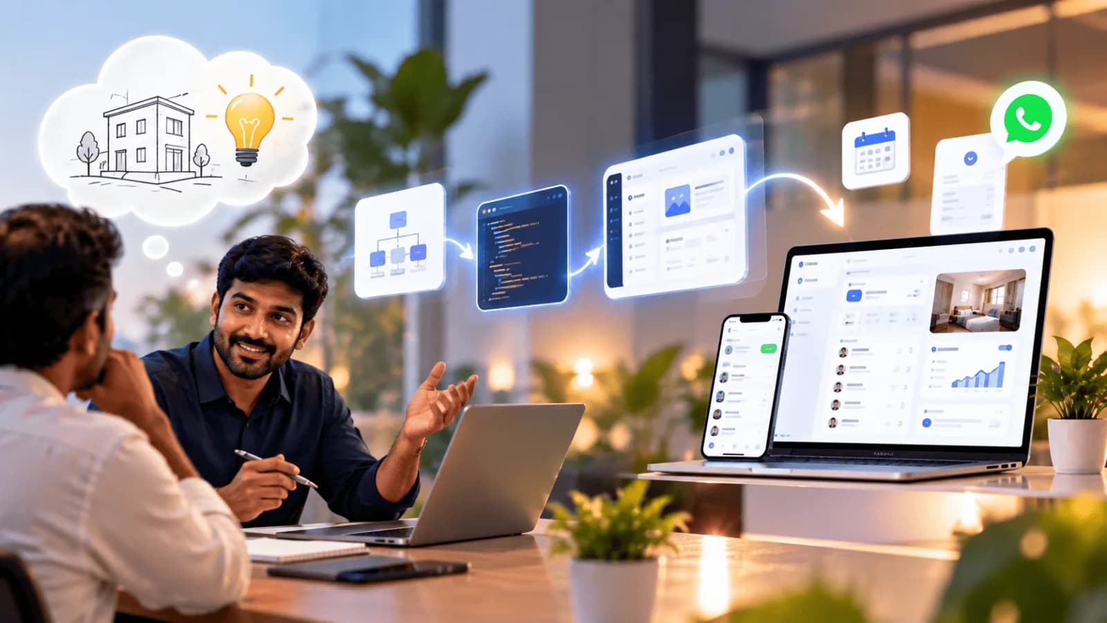A business owner explaining an idea while it becomes a working app on laptop and phone