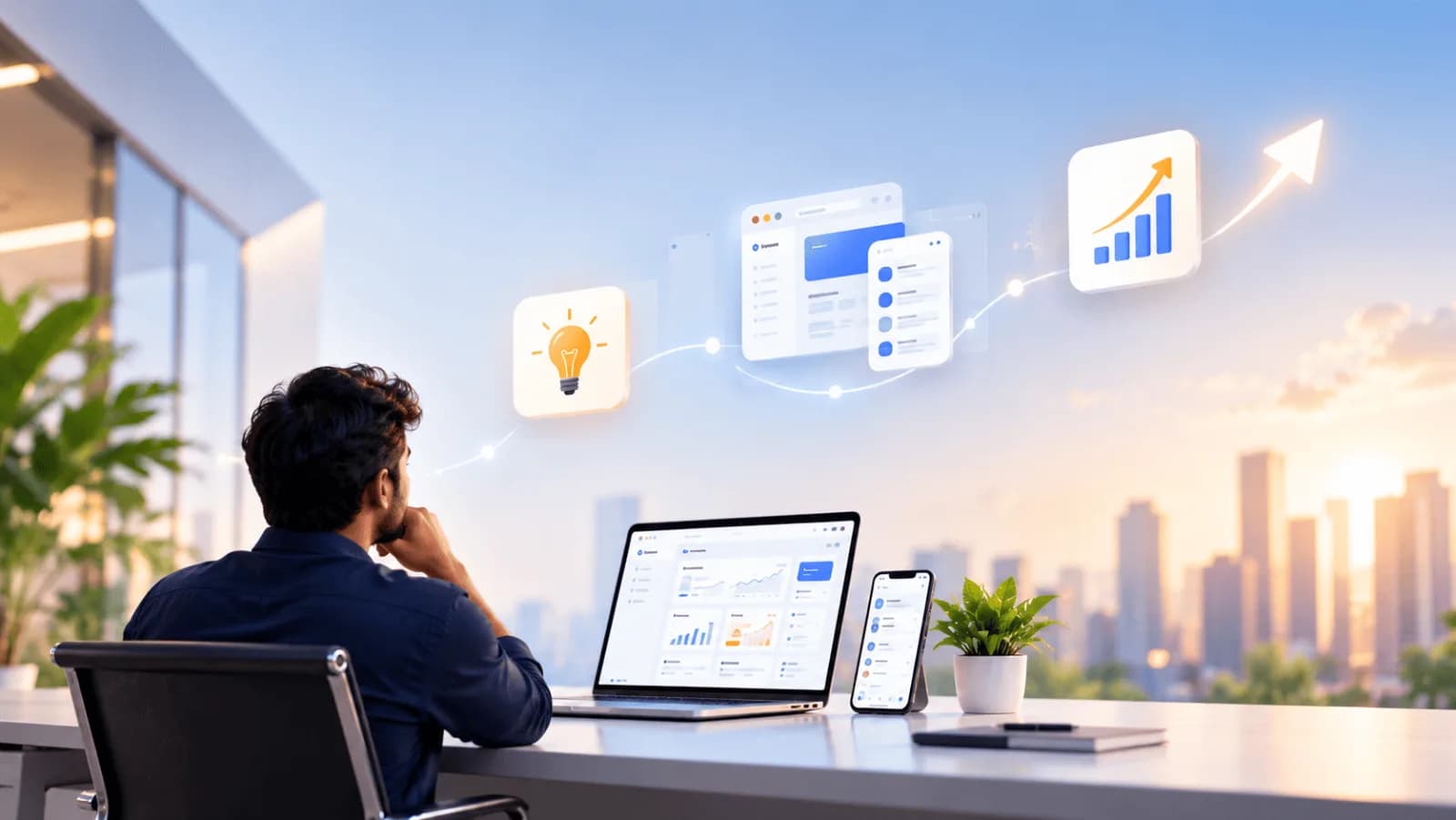 A business owner planning on a laptop while an idea turns into software and business growth
